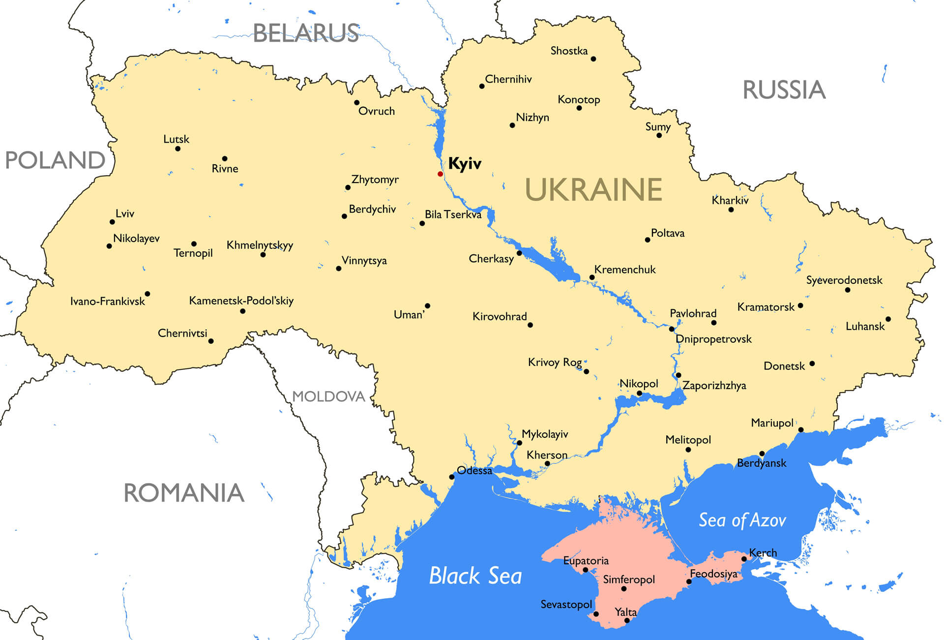 Vektor-detaillierte Farbkarte der Ukraine mit der Krim